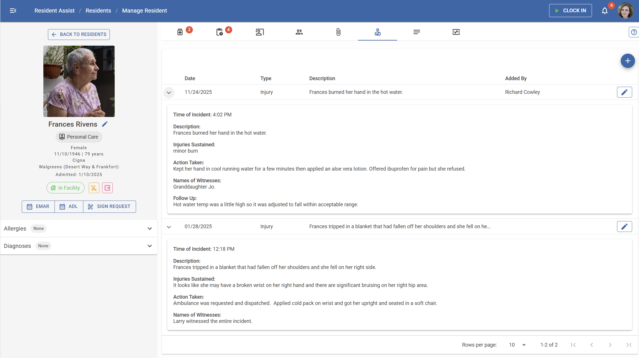 Two incidents on one resident's file, each opened to its full write-up: the time it
                happened, the description, injuries sustained, the action the caregiver took, who
                witnessed it, and the follow-up. One is a burn from tap water that ended with the
                water temperature being turned down; the other is a fall that went out by ambulance.